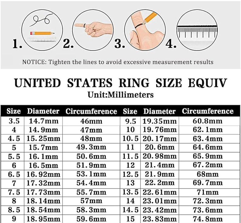 May include: A chart showing United States ring sizes in millimeters. The chart lists ring sizes from 3.5 to 15, with corresponding diameter and circumference measurements in millimeters.