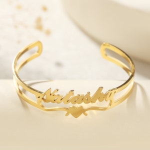 Custom Name Bangle Bracelet, Adjustable Heart Bangle, Gold Name Cuff Bangle, Personalized Bangle,Initial Name Bangle,Name With Heart Bangle