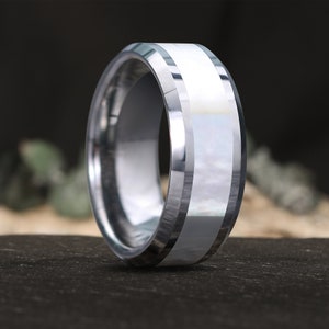 Mother of Pearl Silver Tungsten Wedding Ring, Mens Pearl Wedding Band, Anniversary Ring, Unique Engagement Ring, 8mm Tungsten Band