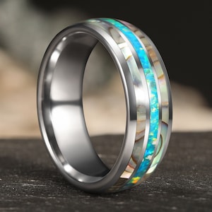 Abalone and Blue Opal Ring Wedding Band, Tungsten Wedding Band, Mens Ring, 8mm Unique Abalone Ring, Opal Wedding Bands, Women Opal Ring