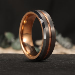 Rose Gold Tungsten Ring, 6mm Men&#39;s Tungsten Wedding Band, Anniversary Ring, Engagement Ring, Brush Grooved Wedding Ring