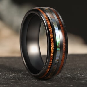 Schwarzer Abalone Ring, Wolframring, Einzigartiger Herrenring, Wolframring, Holzring, Abalone & Koa Holz Ring