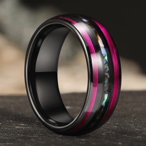 Purple Guitar String & Abalone Shell Tungsten Ring, Mens Wedding Band, Abalone Shell Ring, Musician Ring, Unique Wedding Ring, Husband Gift