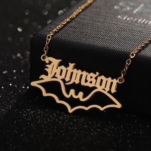 Bat Name Necklace, Personalized Bat Jewelry, Name Pendant With Bat, Custom Vampire Bat Name Pendant, Custom Bat Pendant Halloween Gift