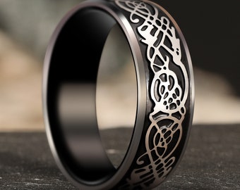 Black Tungsten Dragon Wedding Ring, Dragon Lore Ring, Mens Viking Ring, Unique Celtic Knot Ring, Irish Tungsten Wedding Band, Fashion Ring