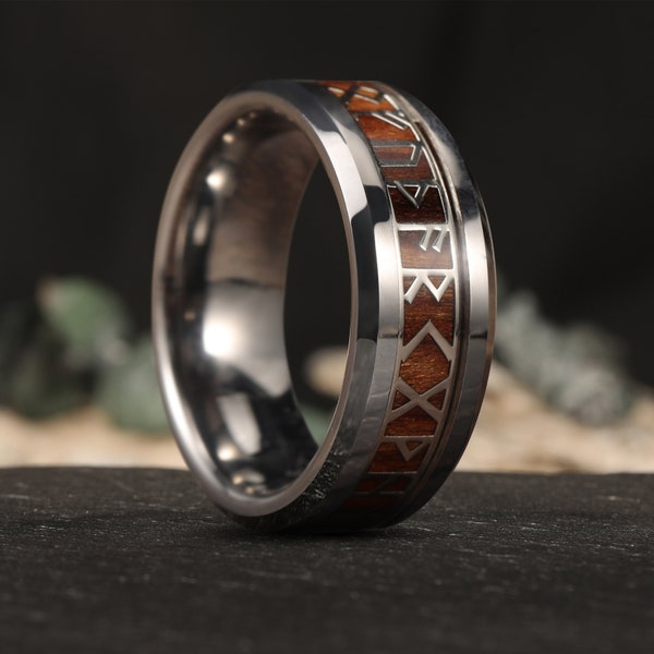 Viking Rune Ring, Koa Wood Tungsten Ring, Silver Rune Wedding Band, Nordic Engagement Ring, Mens Wood Ring, Promise Ring, Custom Gift