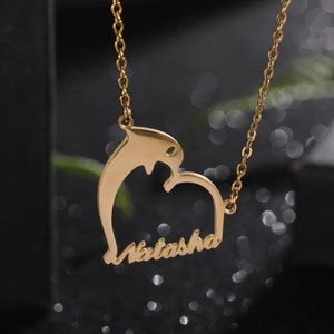 Personalized Dolphin Heart Engraved Name Necklace, Dolphin Lover Jewelry, Custom Animal Name Necklace, Nautical Themed Gift, Christmas Gift