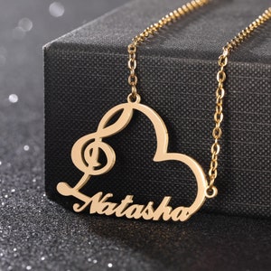 Personalised Heart Clef Name Necklace, Music Note Treble Clef Pendant, Charm Necklace, Custom Name Jewellery, Dainty Girl Gift