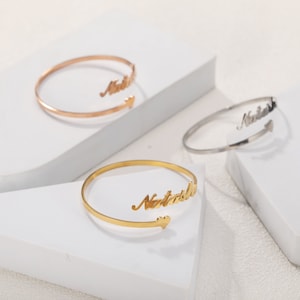 Personalized Name Bracelets with Love Heart, 18K Gold Custom Name Cuff Bangle Bracelets, Handmade Cute Cuff Bracelets, Gifts for Her