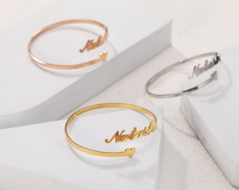 Personalized Name Bracelets with Love Heart, 18K Gold Custom Name Cuff Bangle Bracelets, Handmade Cute Cuff Bracelets, Gifts for Her