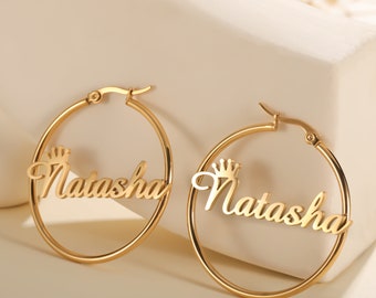 Crown Hoop Earrings, Name Earring , Personalized Earrings ,Name Hoop Earrings, Pesonalized Jewelry , Name Hoop Earrings , Gifts For Her