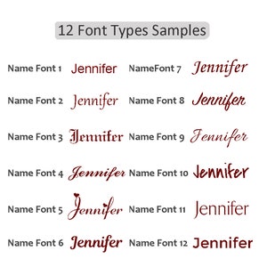 May include: Twelve different font styles are displayed in a maroon colour, each showing the name "Jennifer". The text "12 Font Types Samples" is displayed in a grey rectangle at the top of the image.