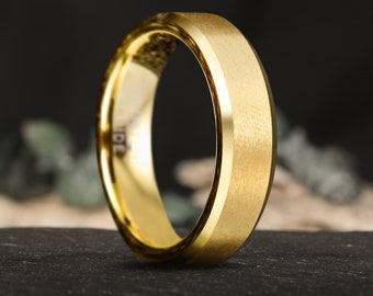 6mm  Brushed Gold Tungsten Carbide Ring, Mens Womens Tungsten Wedding Band, Gold Plated Engagement Ring, Anniversary Ring