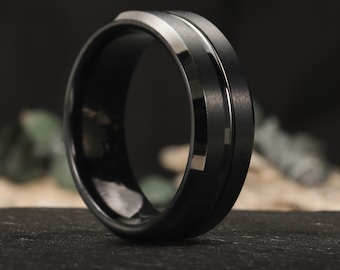 Men&#39;s Tungsten Wedding Band, Black Grooved Tungsten Ring, 8mm Mens Black Brushed Wedding Band, Engagement Ring, Anniversary Ring