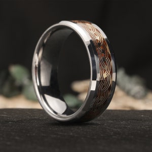 Koa Wood Tungsten Carbide Ring, Men’s Wedding Band, Silver Sea Wave Ring, Wooden Ring, Engagement Ring, 8mm Men&#39;s Ring