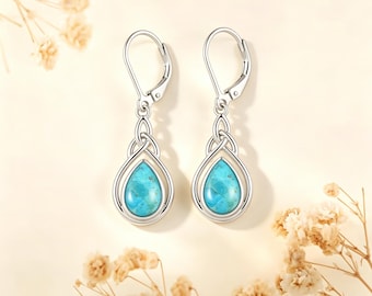 Pendientes colgantes con nudo celta en forma de lágrima y turquesa, símbolo del infinito bañado en plata con auténtica piedra turquesa, joyería para mujer.