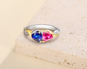Personalized Sterling Silver Infinity Couple Ring, Heart Birthstone Ring, Custom Promise Ring, Name Engraved Ring, Birthday Gift