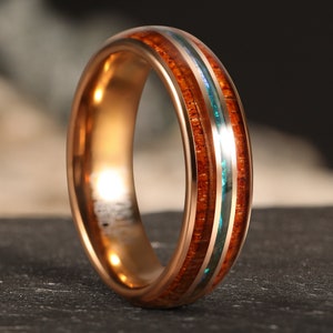 Anello in tungsteno con opale blu in legno di koa, anello in carburo di tungsteno in oro rosa 18 carati, fedi nuziali in opale di legno hawaiano, anelli da donna e da uomo da 6 mm