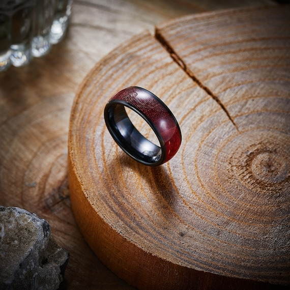 Red Burl Wood Tungsten Ring, Red Wood Wedding Ring, Black Wedding Band, Mens Wooden Ring, Anniversary Ring, Engagement Ring, Promise Ring