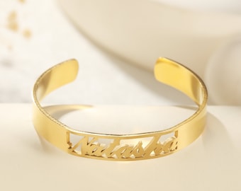 Personalized Name Bracelets, 18K Gold Custom Engraved Name Cuff Bangle Bracelets, Adjustable Charm Cuff Bangle Bracelets, Custom Bracelet