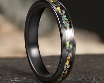 Crushed  Fire Opal Band, Black Tungsten Wedding Band, 4mm Band, Unique Ring, Men Women Tungsten Ring, Anniversary Birthday Gift