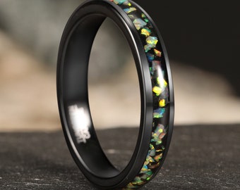 Crushed White Fire Opal Band, 4mm Black Tungsten Wedding Band, Men Ring, Polished, Dome, Comfort Fit, Unique Ring, Anniversary Birthday Gift
