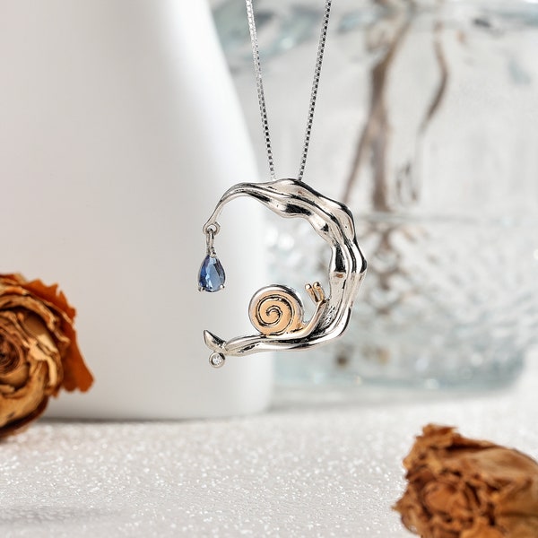 925 Sterling Silver Snail Necklace, Tiny Snail Charm Necklace, Sapphire Jewelry, Animal Jewellery, Cute Snail Pendant, Charm Jewelry