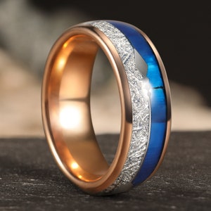 Tungsten Meteorite Ring with Arrow, Mens Wedding Band, Rose Gold Tungsten Ring, Blue Mother of Pearl Inlay, Tungsten Band, Promise Rings