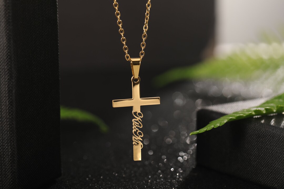 Gold Cross Name Necklace, Sterling Silver Dainty Cross Name Necklace