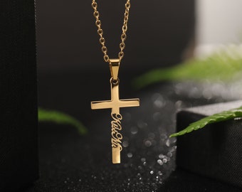 Collier de nom de croix d'or, collier de nom de croix de Dainty d'argent sterling, cadeaux chrétiens, collier unisexe, bijoux personnalisés