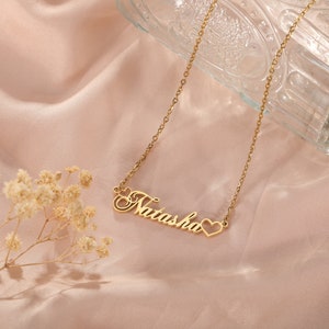 18K Name Necklace, Personalized Heart Pendant Necklace, Necklace with Name, Heart Name Plate Necklace, Name Jewelry, Necklace for Women