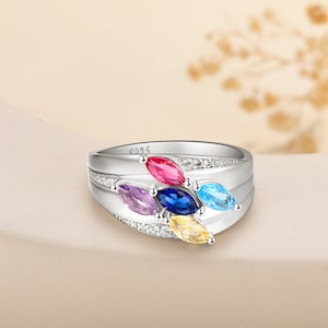 Marquise Birthstone Ring, Drop Birthstone, Mother Grandma Family Ring, Colorful Gemstone Gift, Gold Silver Ring, Valentine Gift for Her