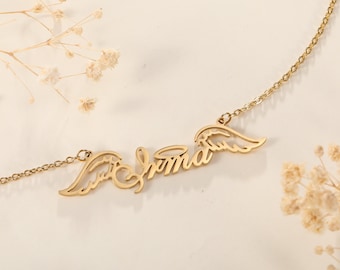 Collar de alas de ángel, collar con nombre, regalo de San Valentín, collares con monograma personalizado, regalo para ella, collar con nombre, colgante con piedra de nacimiento