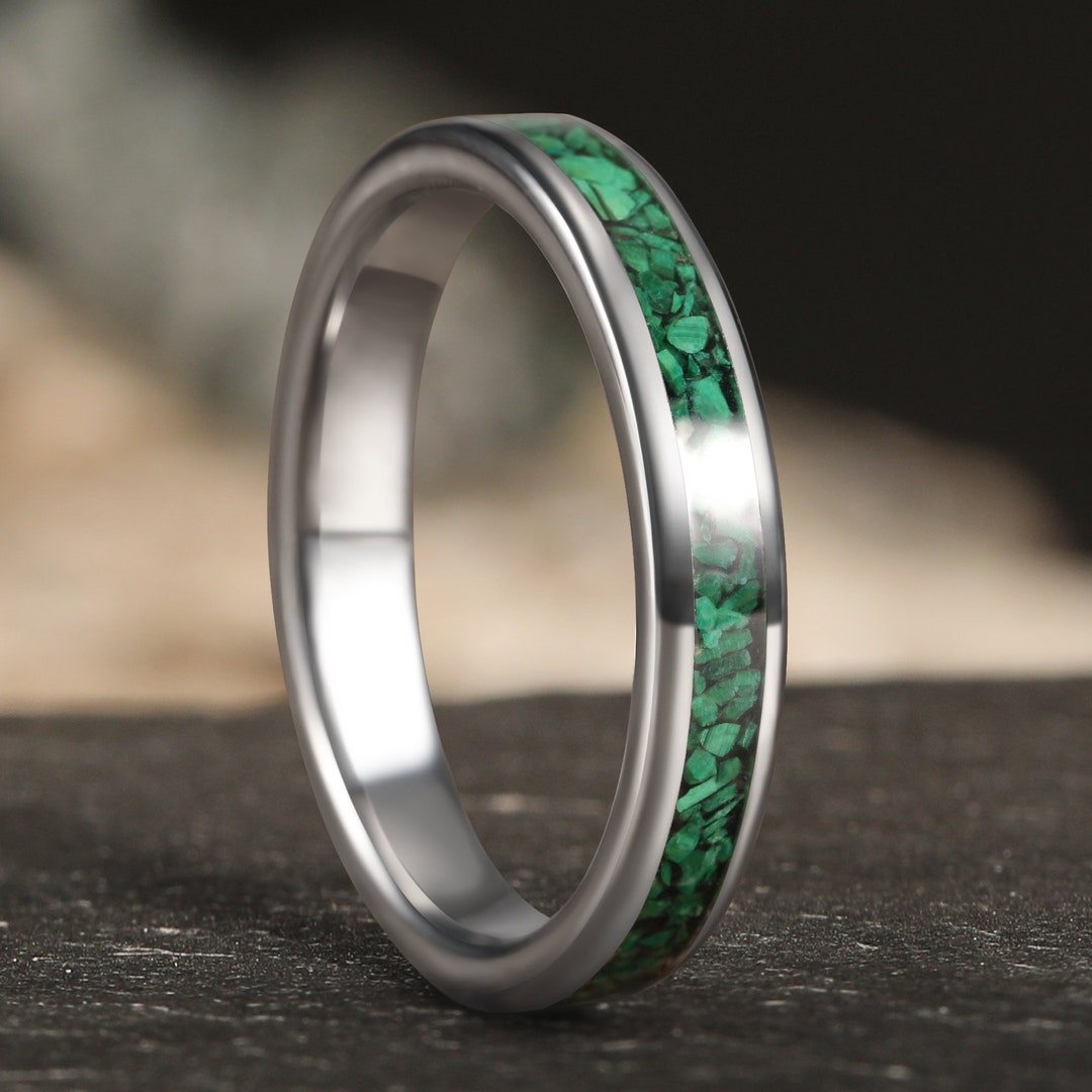 Green Malachite Tungsten Ring, Gemstone Ring, Silver Wedding Ring, Mens ...