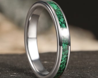 Raw Malachite Ring, Silver Wedding Band, Tungsten Mens Ring , Malachite Jewelry, Tungsten Wedding Band, Green Stone Ring for Men