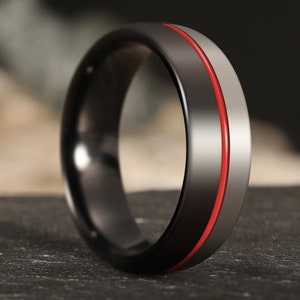 Black and Silver Brushed Finish Wedding Band, Red Groove Domed Tungsten Ring, Unique Men Tungsten Band, Anniversary Ring