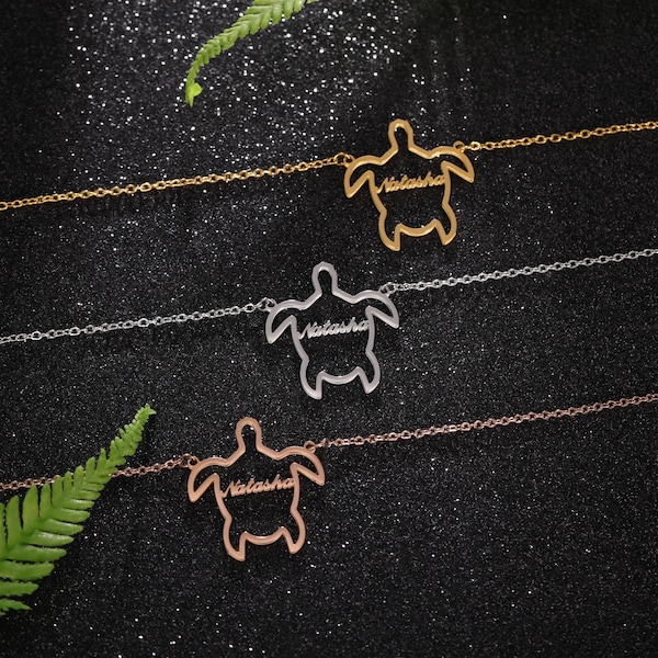 Collier personnalisé de nom personnalisé de tortue, collier de tortue délicate, bijoux d’animaux, collier de nom personnalisé, cadeaux de tortue pour femmes