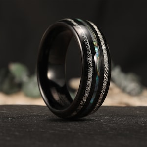 8 mm meteoritvolframring med abalonesnäcka, meteoritinläggsring, abalonesnäcka vigselring, svart volframring för män, jubileumsring