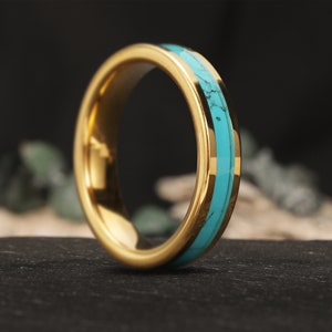 4 mm turkoois wolfraam trouwring, 18k vergulde turkoois band, jubileumring, verlovingsring, wolfraamcarbide ring, mannen vrouwen ring