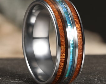 Koa Wood and Blue Opal Ring, Mens Wedding Band, 8mm Unique Tungsten Wedding Band, Woode Ring, Opal Wedding Bands, Womens Opal Ring