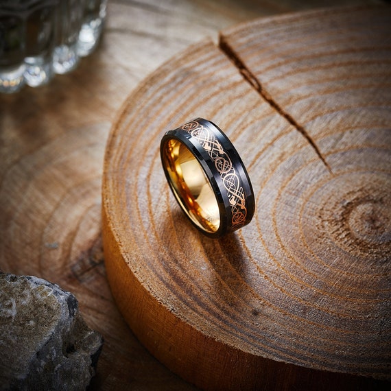 Mens Viking Ring, Rose Gold Wedding Band, Unique Celtic Knot Ring, Dragon Ring, Mens Celtic Ring, Irish Tungsten Wedding Band