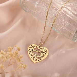 Collar inicial de oro de 18k con collares de letras personalizadas de corazón, collar de corazón de pareja, collar delicado de dos nombres, joyas de nombre, regalos para ella