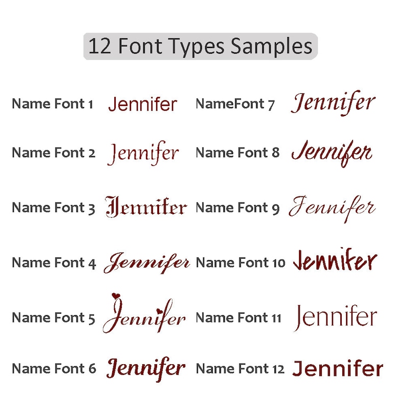 Puede incluir: Se muestran doce estilos de fuente diferentes en color marr&oacute;n, cada uno mostrando el nombre "Jennifer". El texto "12 Font Types Samples" se muestra en un rect&aacute;ngulo gris en la parte superior de la imagen.