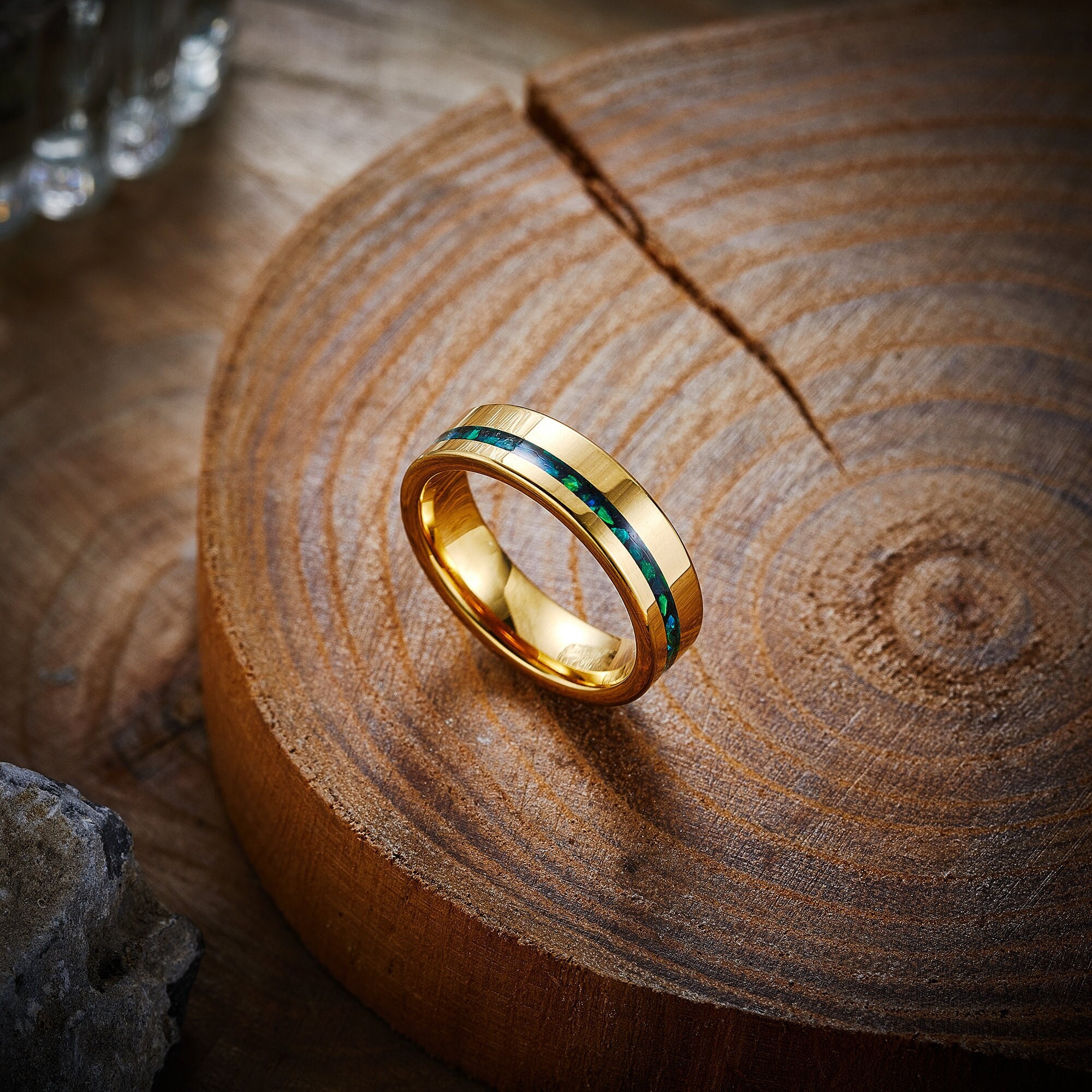 Gold Tungsten Carbide Ring, Opal Inlay Wedding Band, 6mm Crushed Green Opal Ring, Mens Wedding Band, Promise Ring, Gift for Him