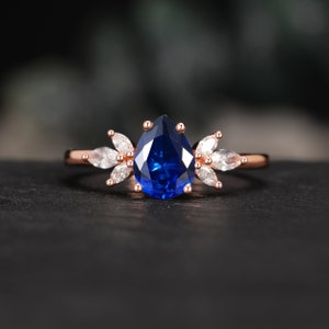 Tear Drop Wedding Ring, Sapphire Engagement Ring Pear Shape, Art Deco Moissanite Wedding Ring, Plain Gold Ring For Women,Bridal Promise Ring