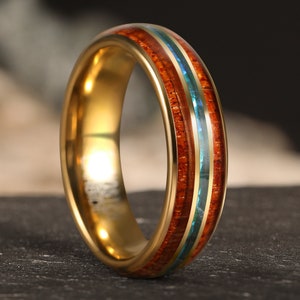 Anello in tungsteno con opale blu in legno di koa, anello in carburo di tungsteno dorato, fedi nuziali in opale di legno hawaiano, anelli unisex da donna e da uomo da 6 mm