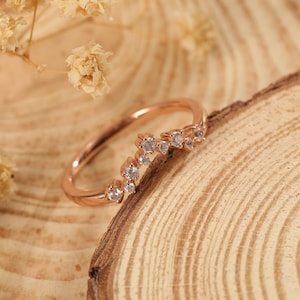 Dainty Wedding Band, 14k, 18k Yellow Gold Bridal Set, Curved Round Diamond Ring, V Shape Design Ring, Genuine Moissanite Wedding Band