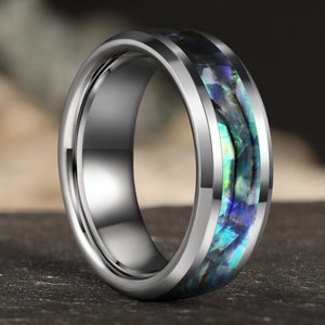 Silver Tungsten Ring, Abalone Shell Inlay Ring, 8mm Tungsten Wedding Ring, Unique Promise Ring, Men's Anniversary Ring,Valentine's Day Gift