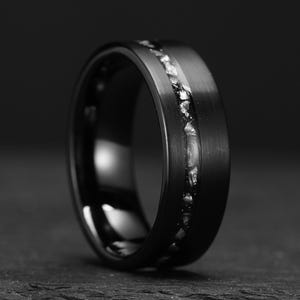 Black Meteorite Tungsten Ring, Brushed Black Wedding Band, 8mm Men&#39;s Wedding Ring, Meteorite Ring, Black Meteor ring, Anniversary Gift
