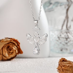 925 Sterling Silver Angel Wing CZ Pendant, Angel Wings Necklace, Cubic Zirconia Jewelry, Dainty Necklaces for Her, Angel Jewelry
